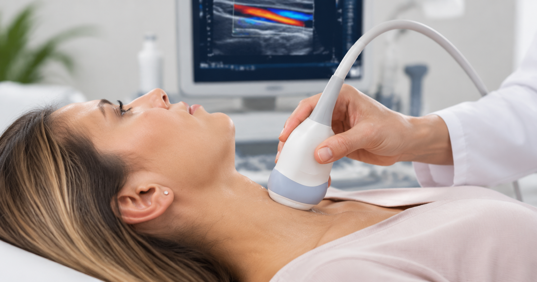 Paciente realizando Doppler de carótidas com aparelho de ultrassom