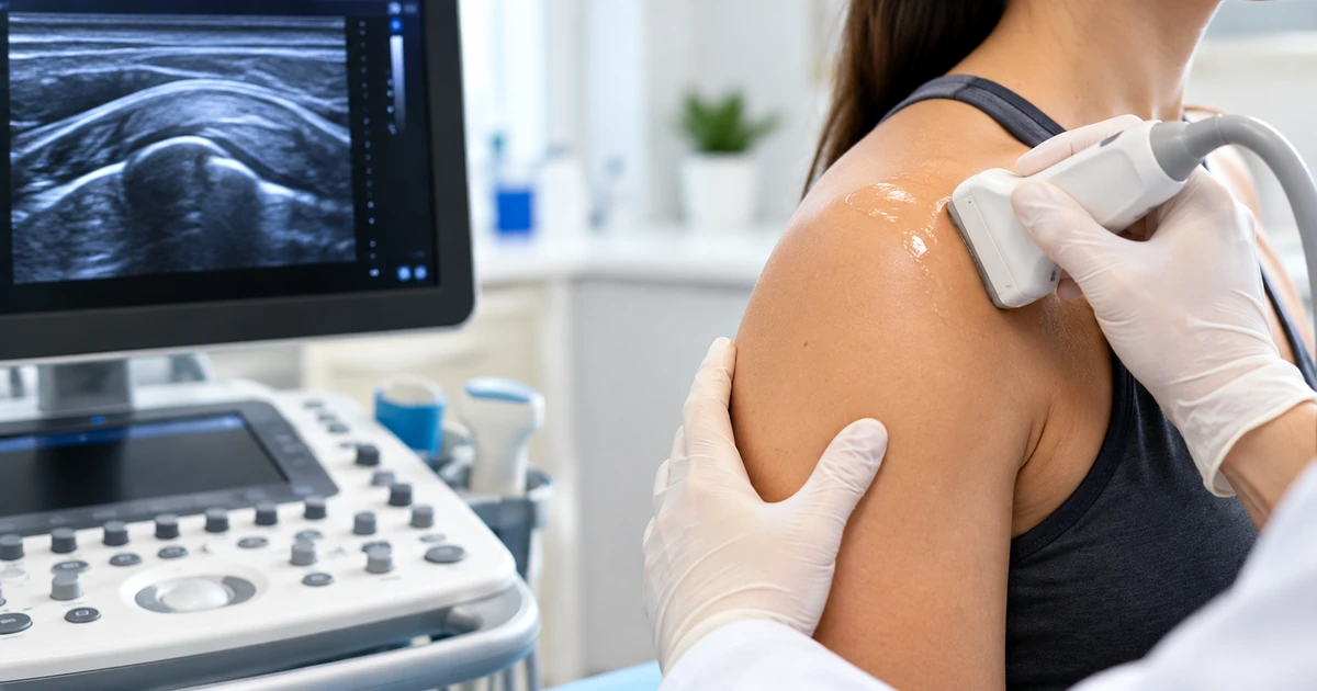 Profissional realiza ultrassom na região do ombro de paciente durante avaliação musculoesquelética.