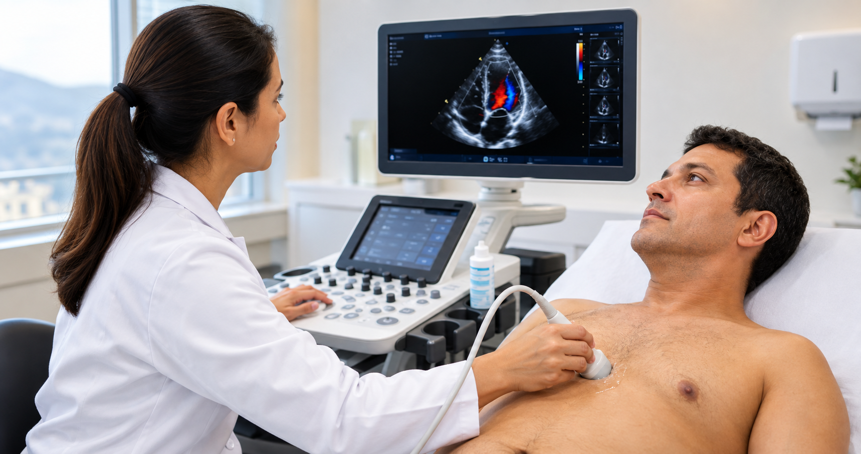 Profissional realizando ecocardiograma transtorácico em paciente adulto em ambiente clínico