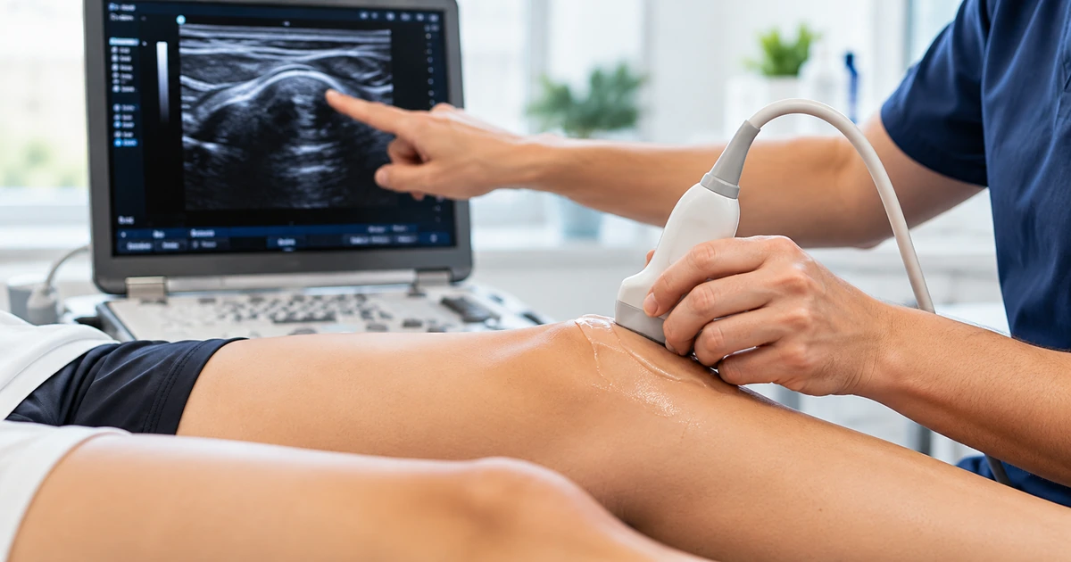 Profissional realiza ultrassom musculoesquelético no ombro de paciente em ambiente clínico.