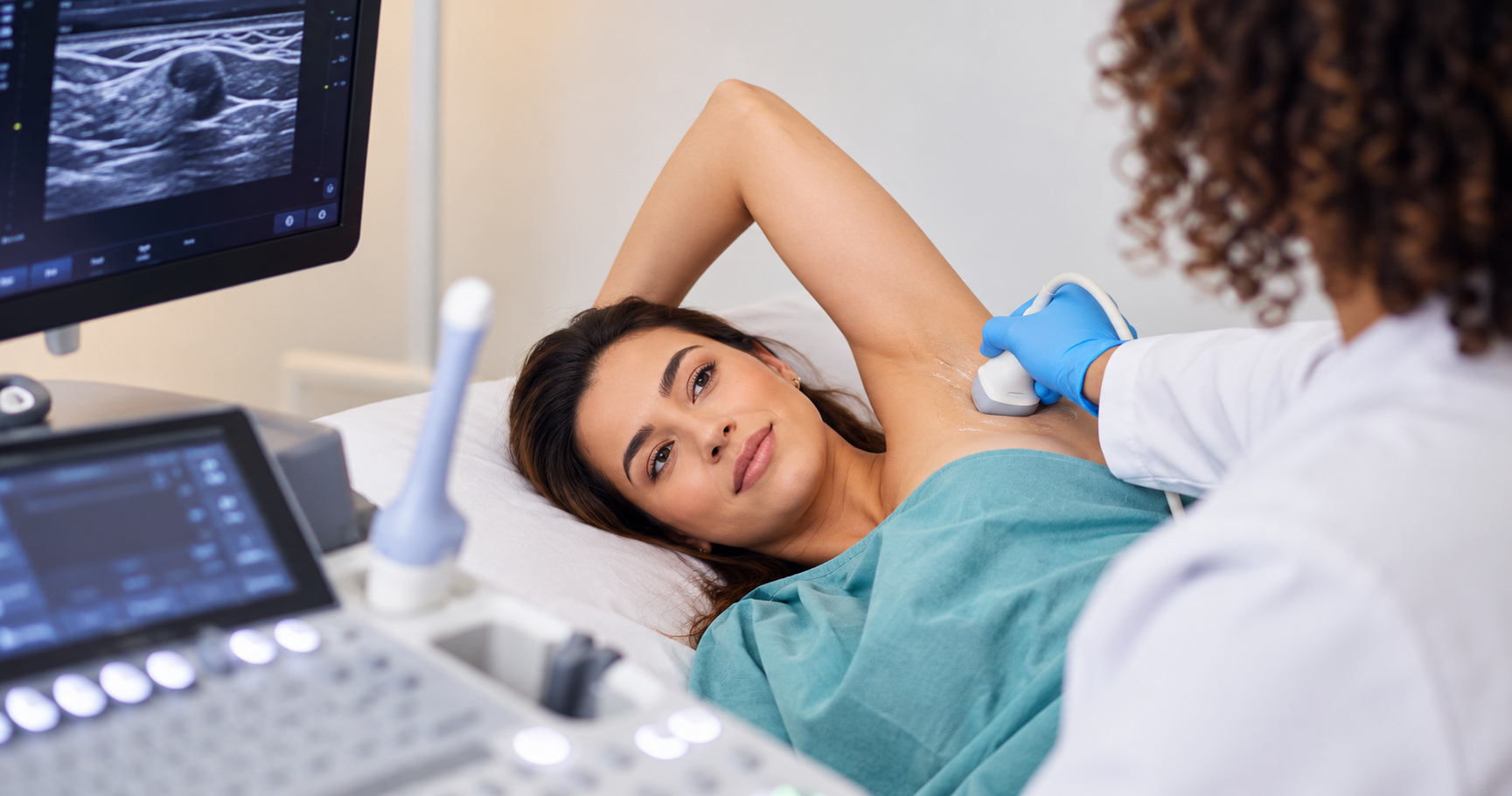 Mulher adulta em consulta observando imagem de mamografia das mamas
