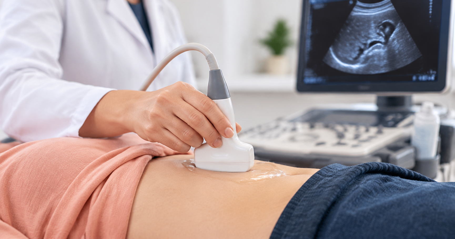 Paciente realizando ultrassom abdominal com aparelho de imagem médica
