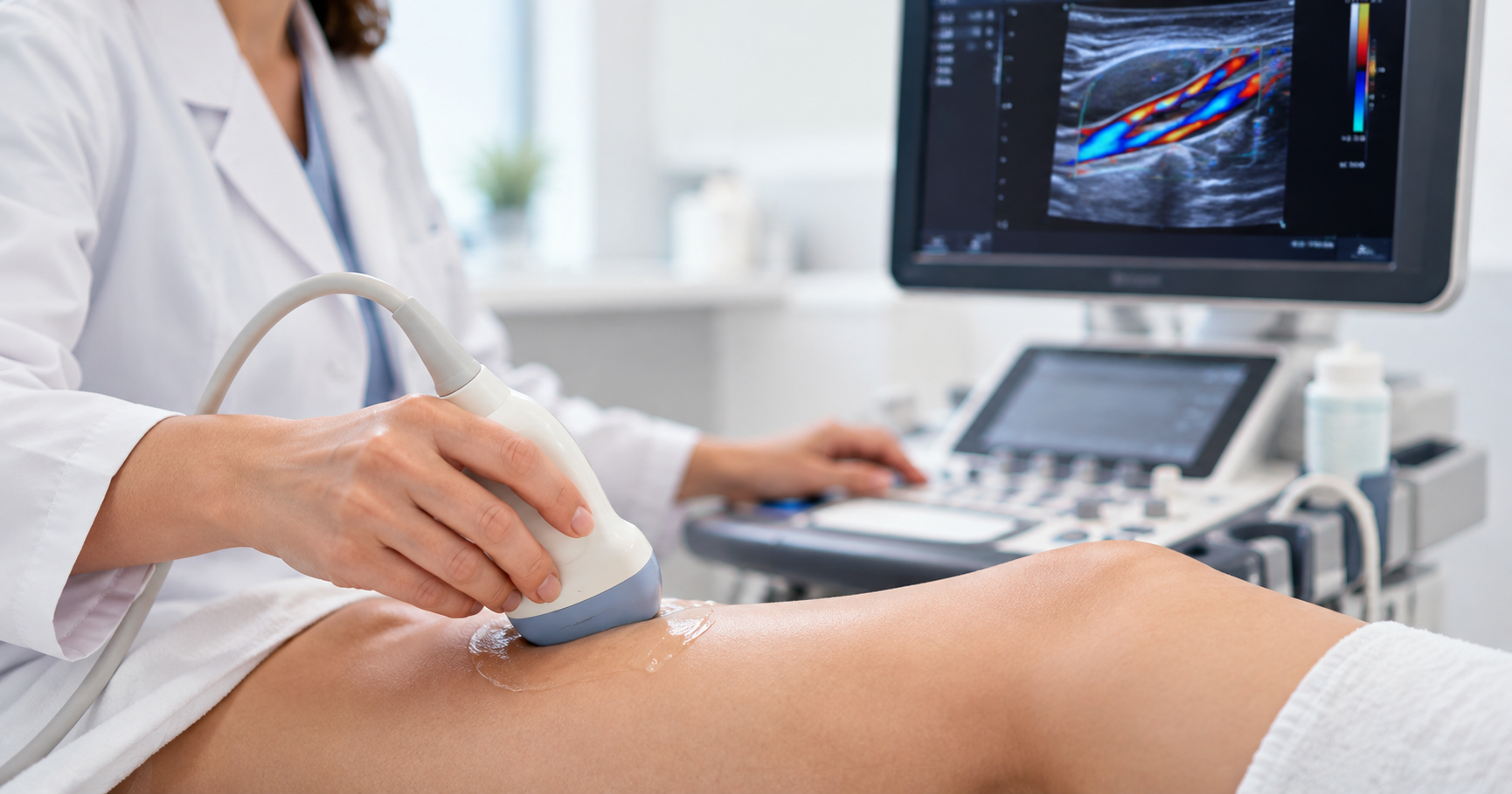 Profissional realiza ultrassonografia com Doppler enquanto monitor exibe fluxo sanguíneo