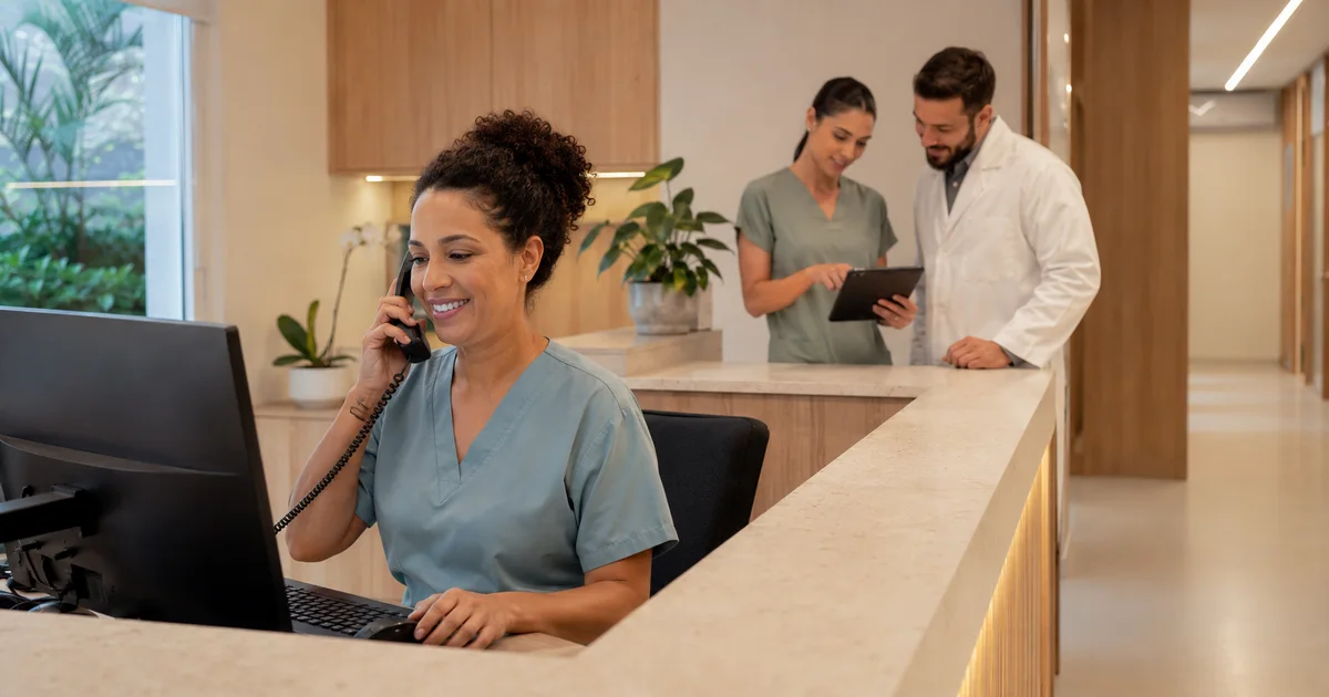 Imagem ilustrativa: recepcionista atende ao telefone na recepção da clínica