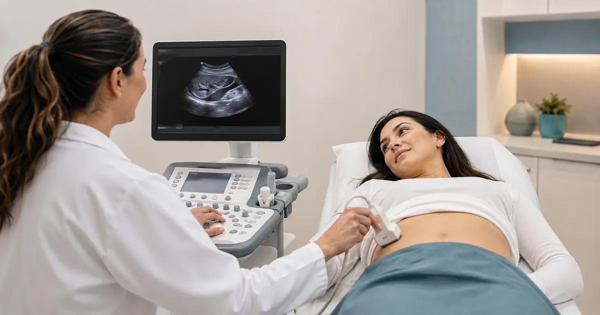 Imagem ilustrativa: ultrassonografia das mamas, com a imagem no monitor do aparelho