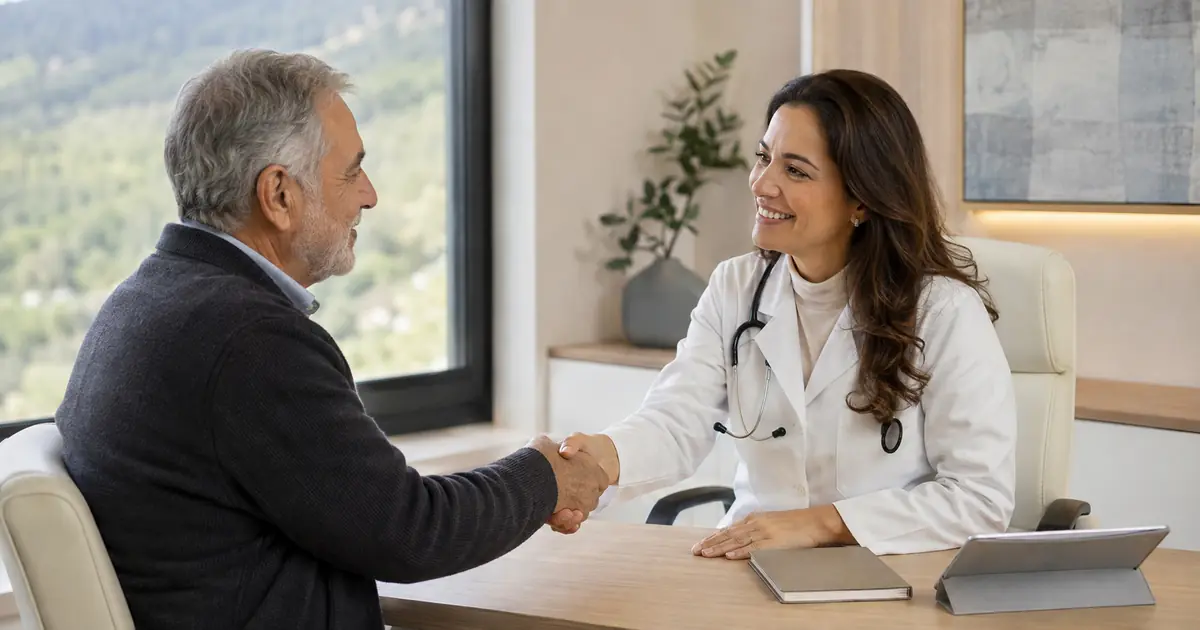 Imagem ilustrativa: médica cumprimenta o paciente na mesa do consultório
