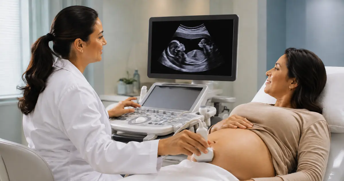 Imagem ilustrativa: gestante durante ultrassonografia, com a imagem no monitor