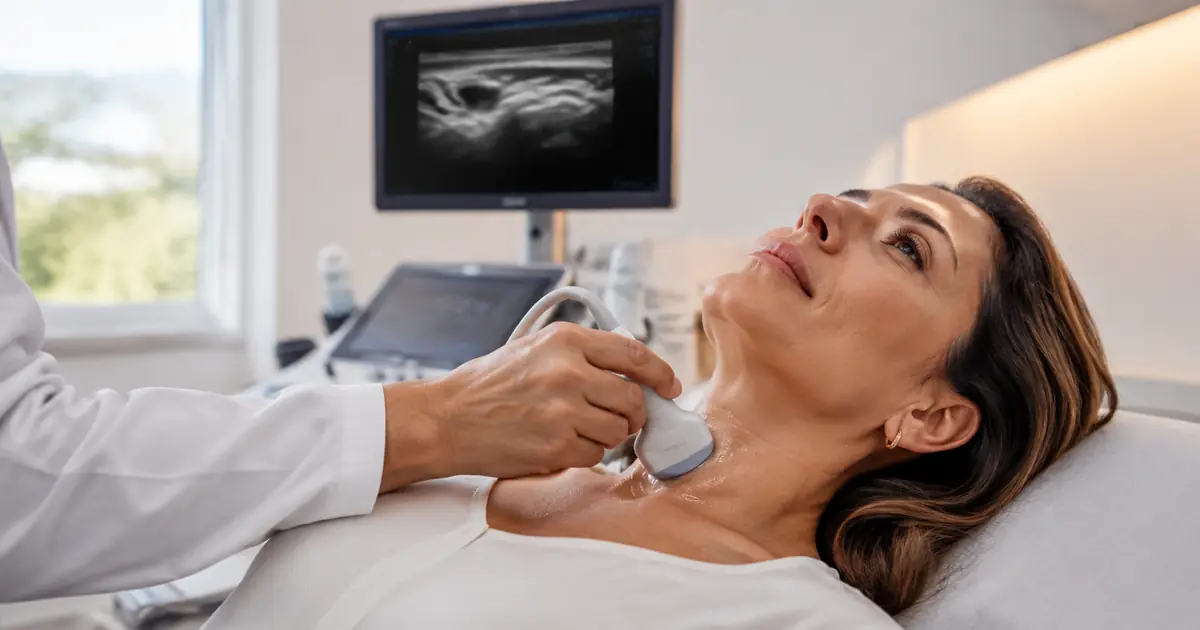 Imagem ilustrativa: ultrassonografia de tireoide, com o transdutor no pescoço da paciente